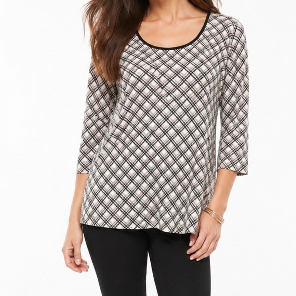 White House Black Market Plaid Scoop Neck 3/4‎ Sleeve Button Shoulder Top Small